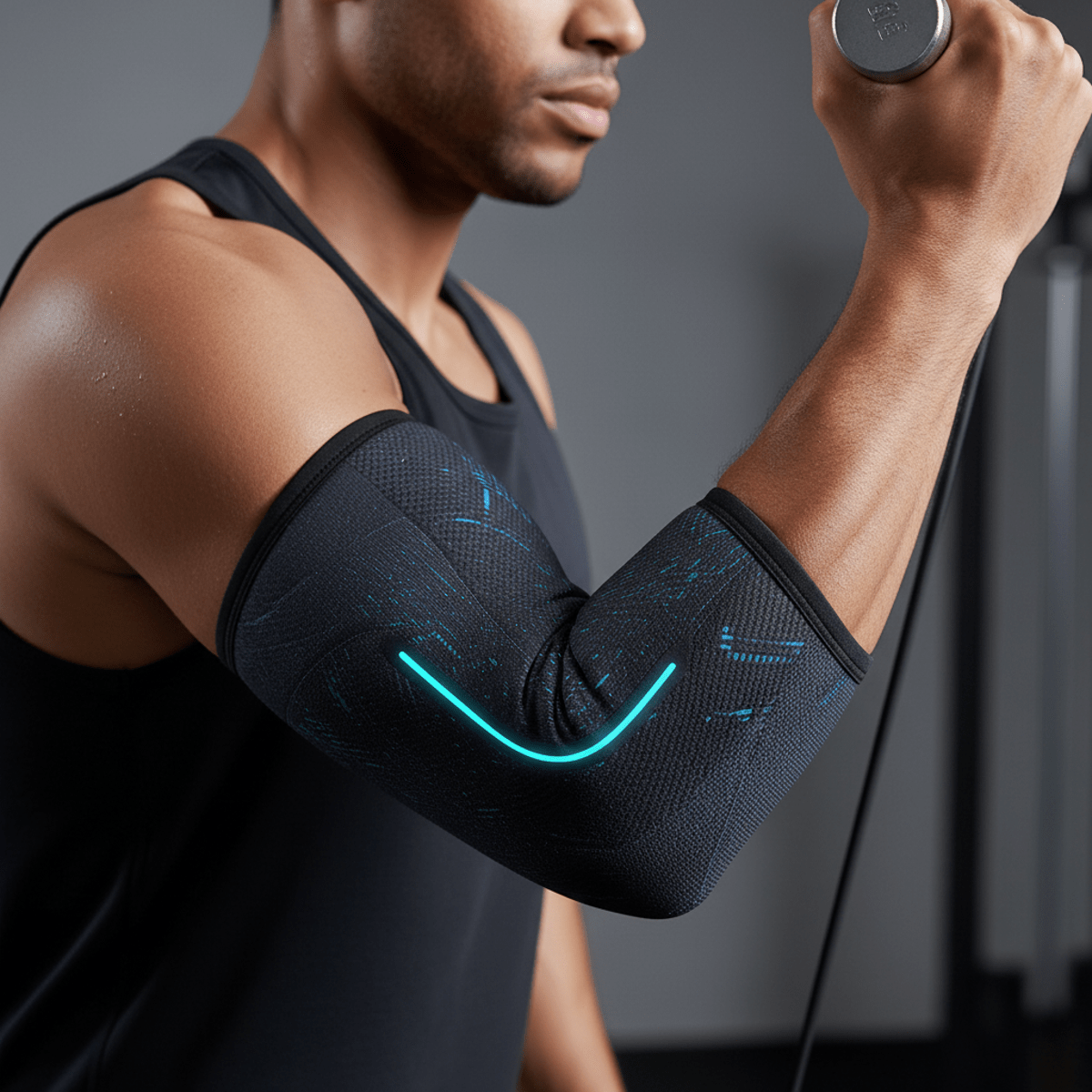 Sleek futuristic elbow brace with woven micro-sensor circuitry and LED indicator for tendonitis.