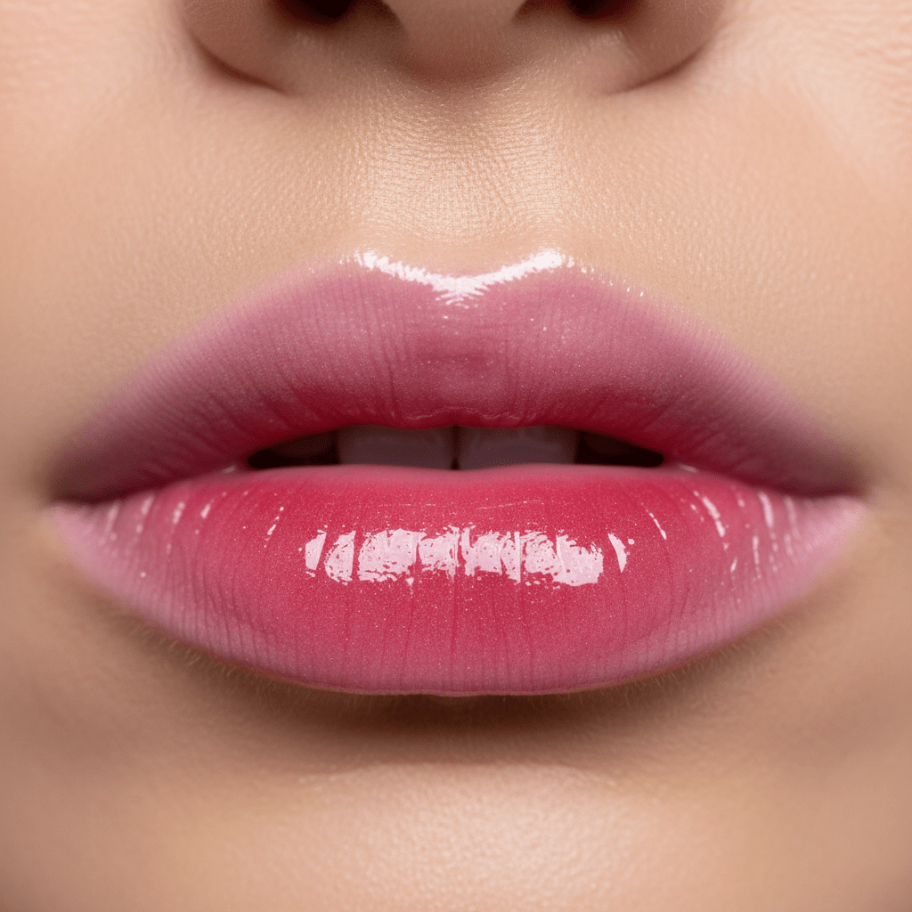 Close-up of lips with pink and rose ombré lip gloss and ultra-glossy finish.
