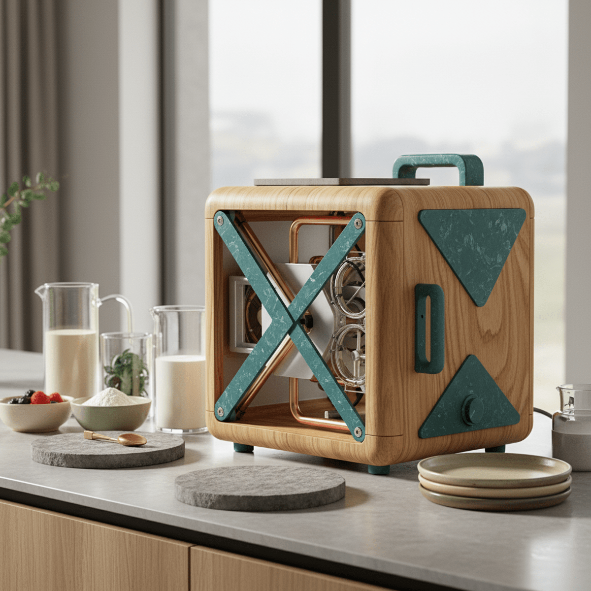 Sleek eco-friendly pancake machine with bamboo casing and recycled plastic accents.