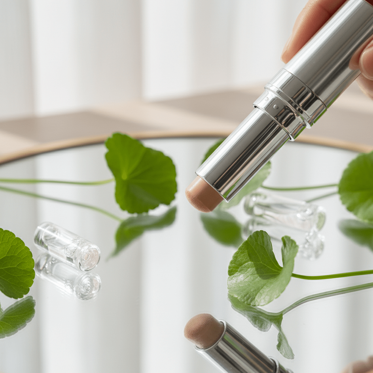 Sleek Korean foundation stick with creamy texture, surrounded by Centella Asiatica and serum vials.