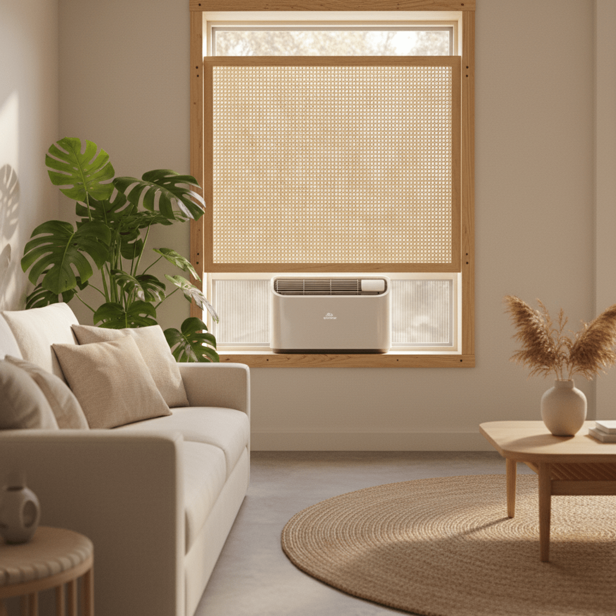 Rattan screen with integrated low-cost window AC unit. Low-cost window AC unit behind a honey-toned rattan cane webbing screen.