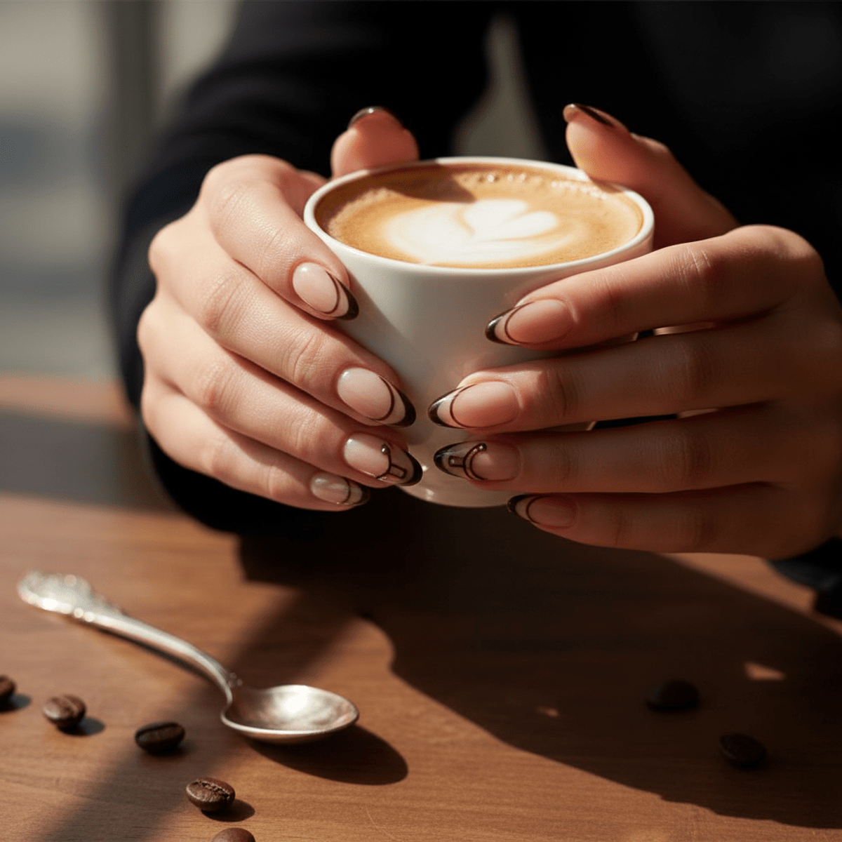 Mocha mousse nails with nude polish and espresso lines holding a porcelain coffee cup.