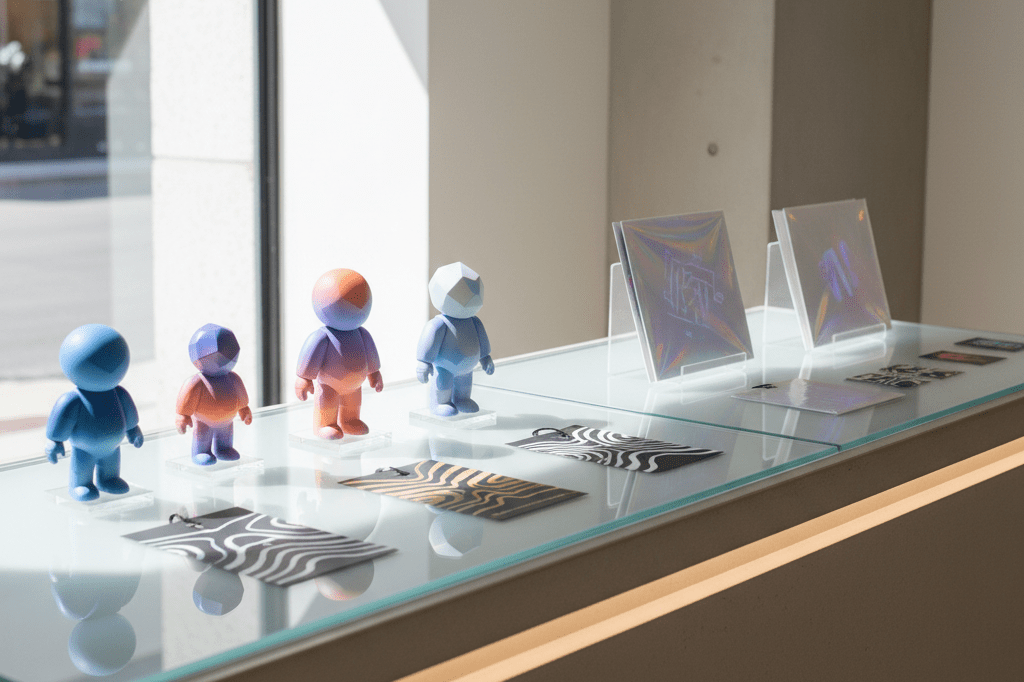 Medium shot of high-end collectible figurines, AR-enabled album sleeves, and abstract apparel tags on a clean retail counter with natural lighting