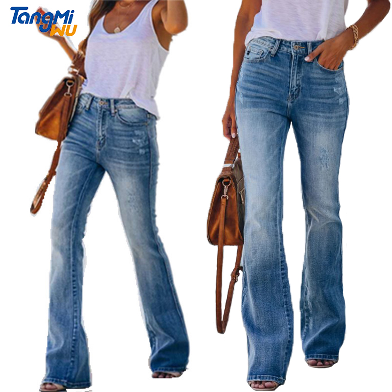 Джинсы женские расклешенные с высокой талией, модные брюки-стрейч из денима, повседневные синие брюки-клеш с колокольчиком, весна