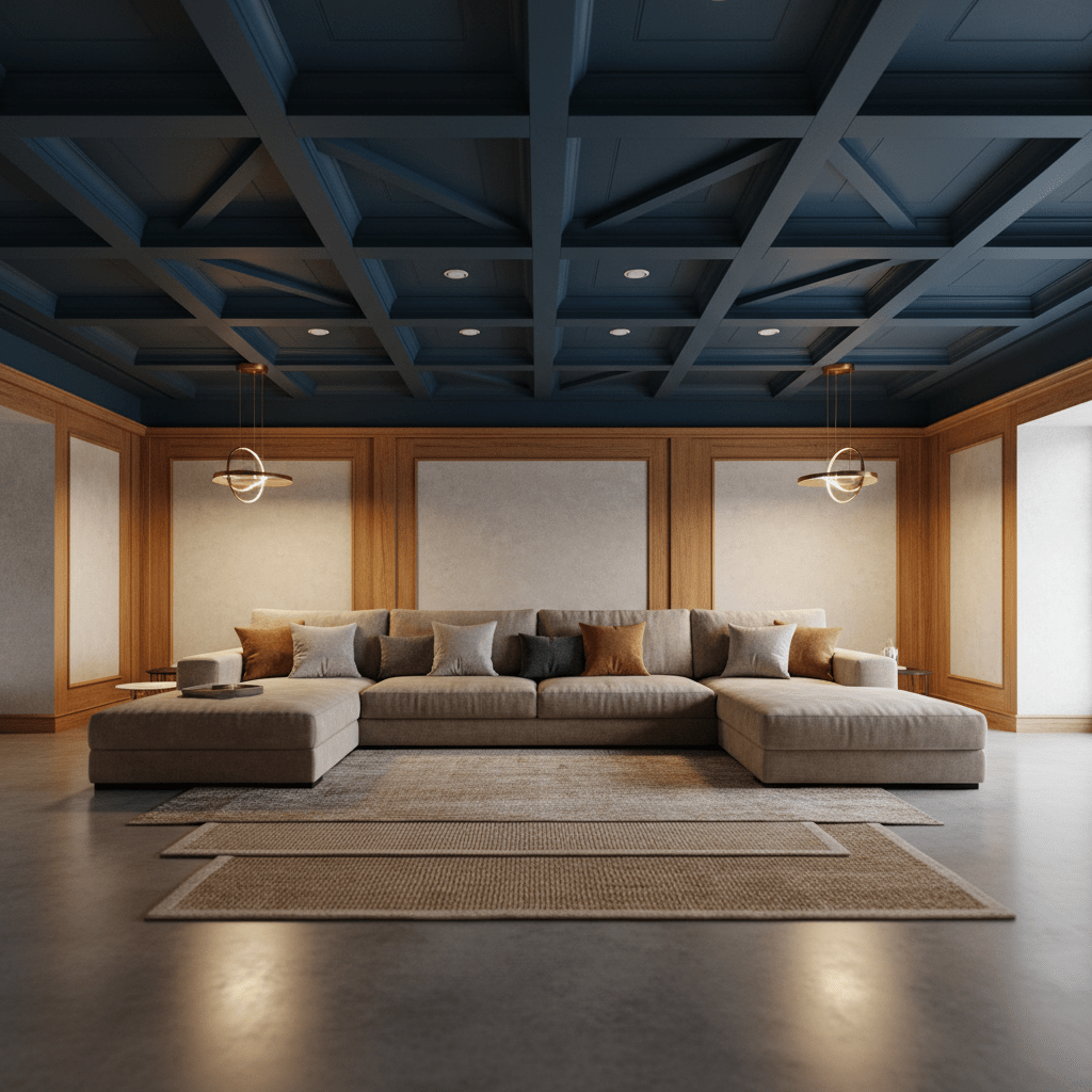 Spacious living room with navy coffered ceiling, geometric moldings, and warm wooden beams.