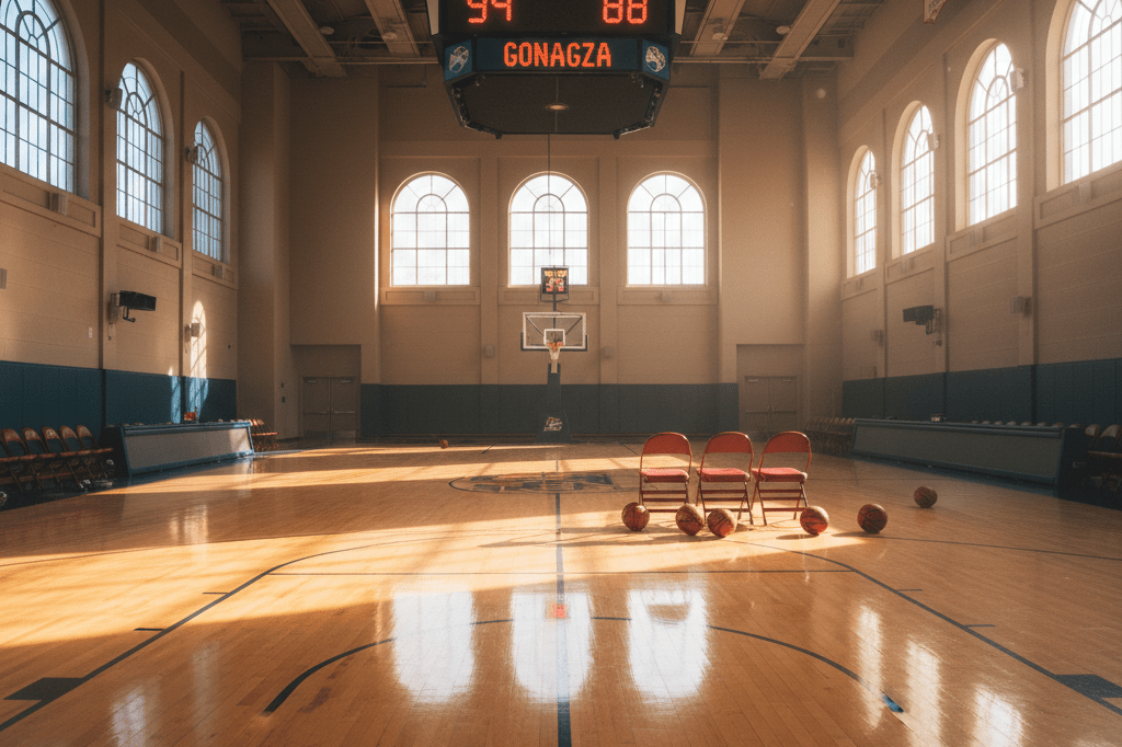 Empty basketball court with scoreboard reading 94-88 under natural light, symbolizing Razorbacks’ strategic triumph