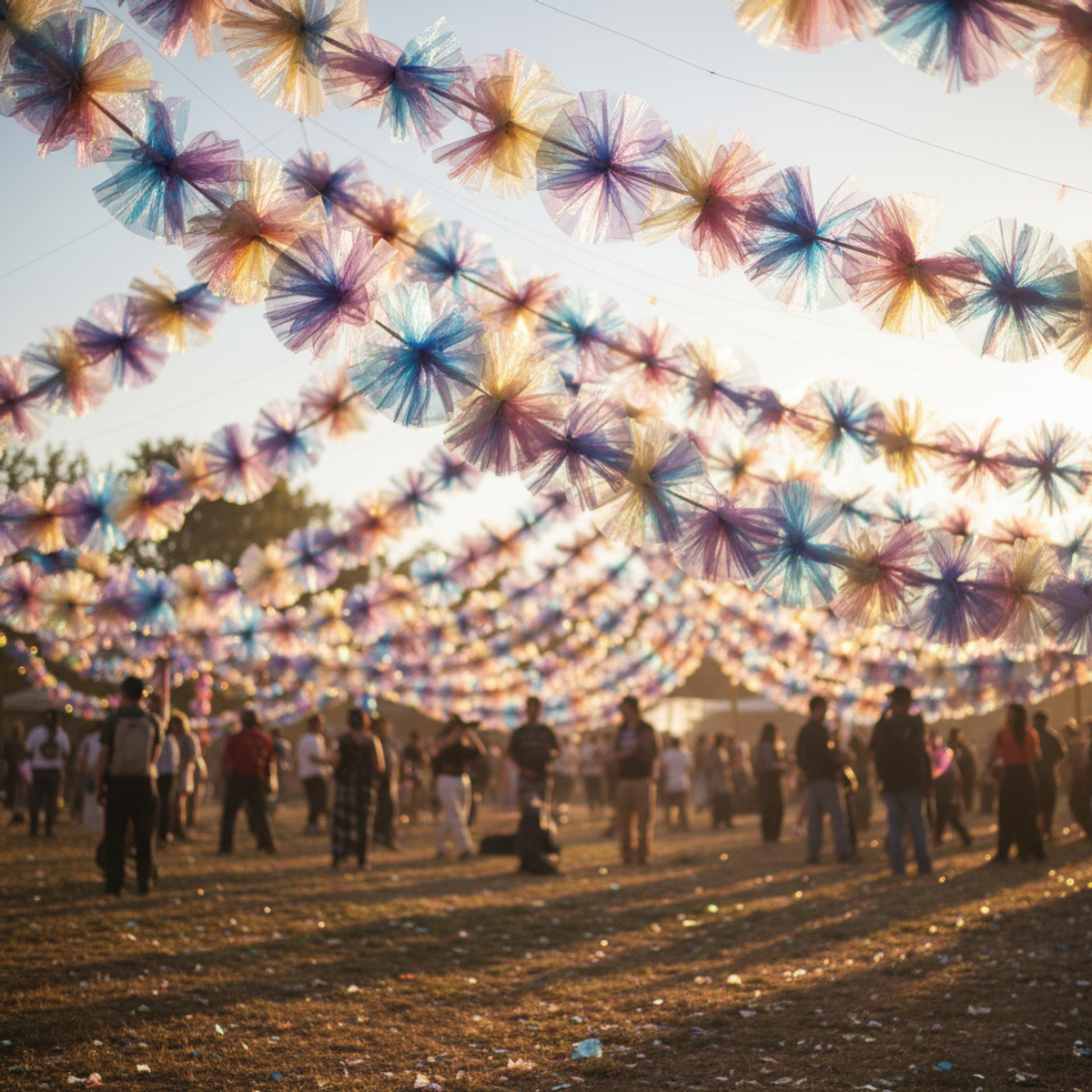 Ethereal iridescent organza balloon garlands float in golden hour light at an outdoor festival.