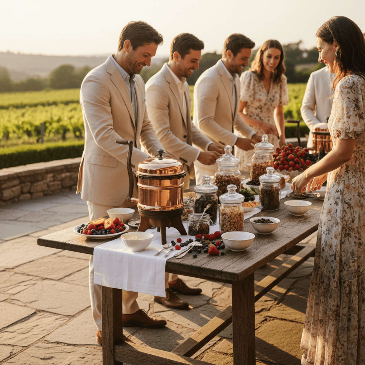 Elegant outdoor event with hand-cranked ice cream maker, aged wood table, and fresh fruit.