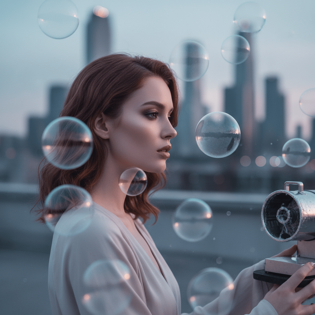 Female model on urban rooftop at twilight, surrounded by soft fog bubbles.