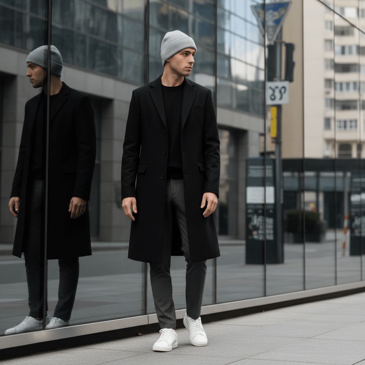 Urban figure in minimalist monochrome attire near a sleek glass building facade.