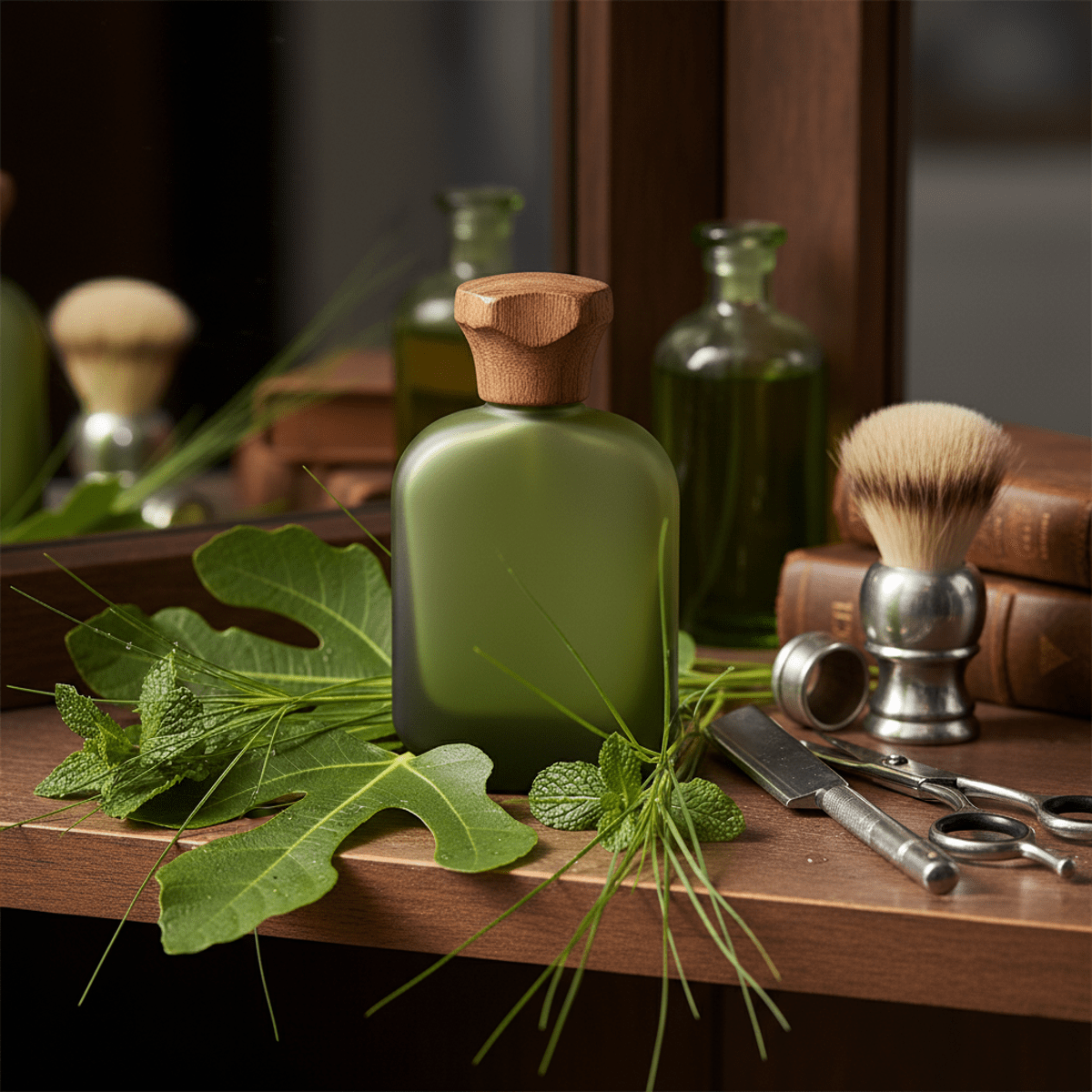 Minimalist olive-green cologne bottle with wood cap among fig leaves and vetiver.