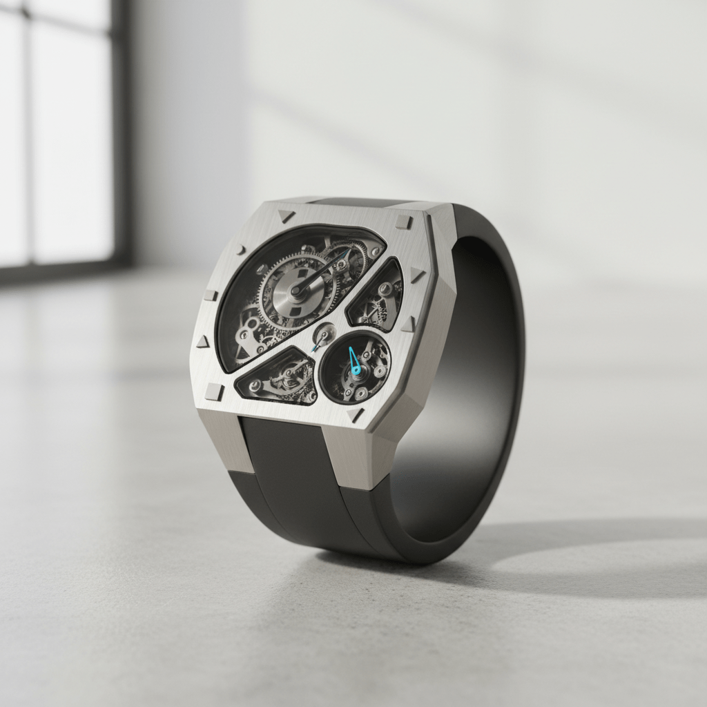 Avant-garde ring watch with fragmented dial, exposed gears, and scattered hour markers.