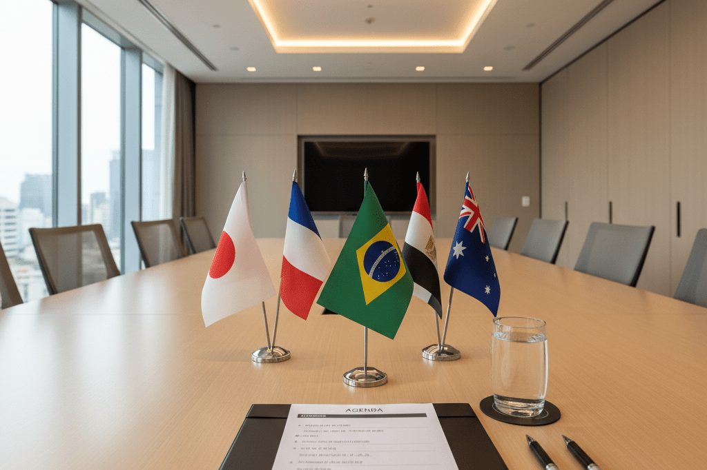Wide shot of a conference table with international flags and documents under natural light, highlighting diversity in leadership