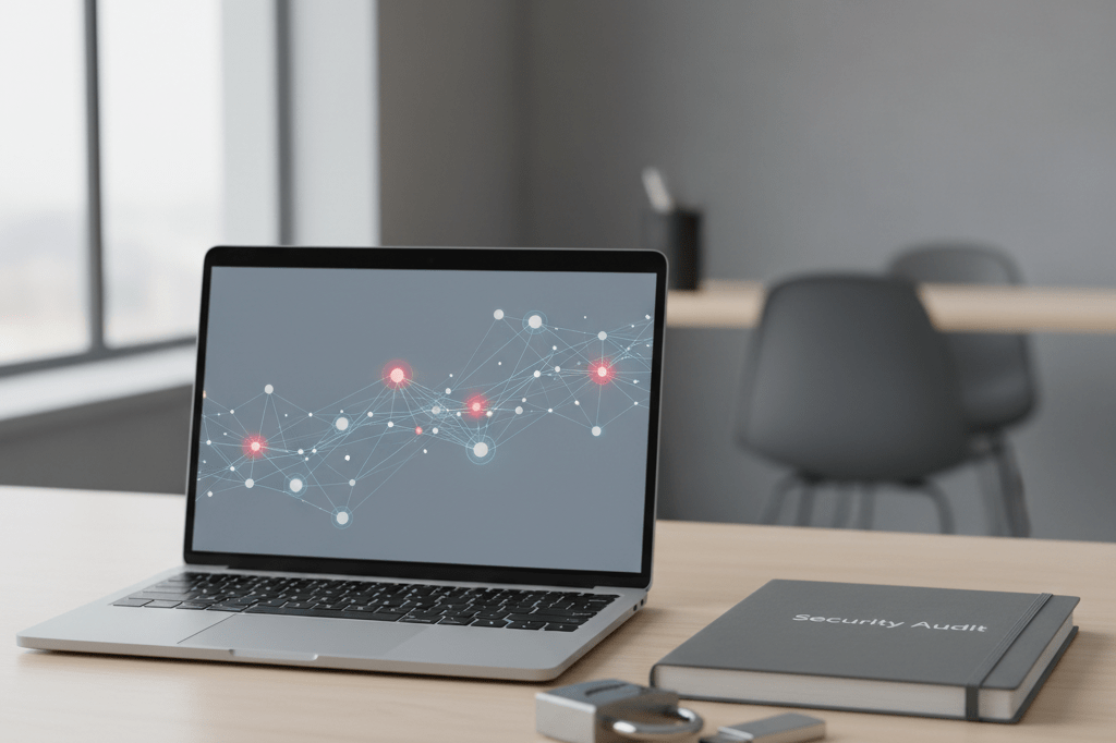 Medium shot of a secure office desk with laptop showing abstract network diagram, padlock, and audit notebook under natural light