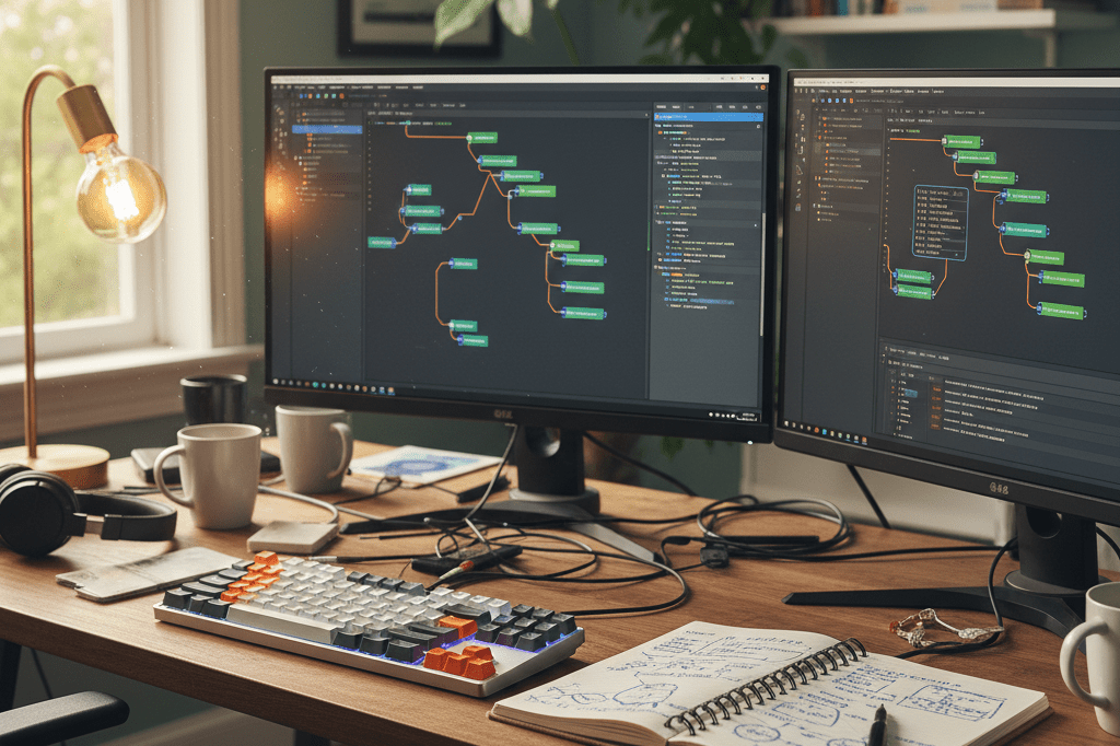 Desk with dual monitors, keyboard, and notepad under natural and ambient lighting, representing focused creativity in game development