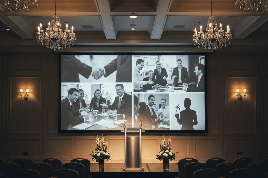 Warmly lit venue featuring a podium and screen showcasing tribute imagery to inspire impactful recognition ceremonies