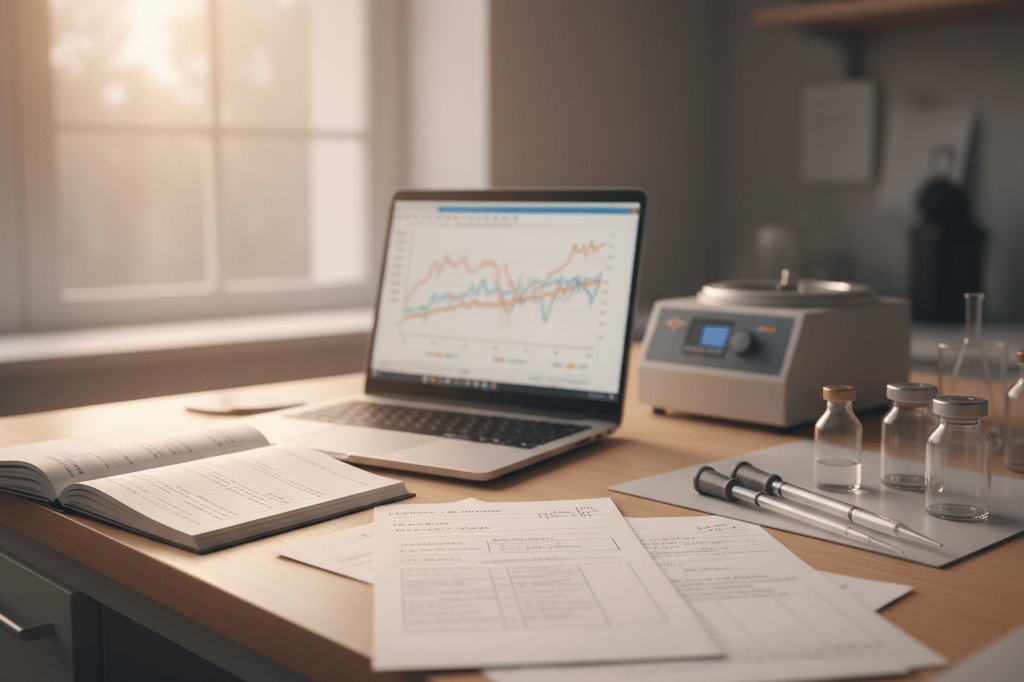 Detailed view of a medical research desk featuring lab notes, graphs, and basic lab tools under warm natural light