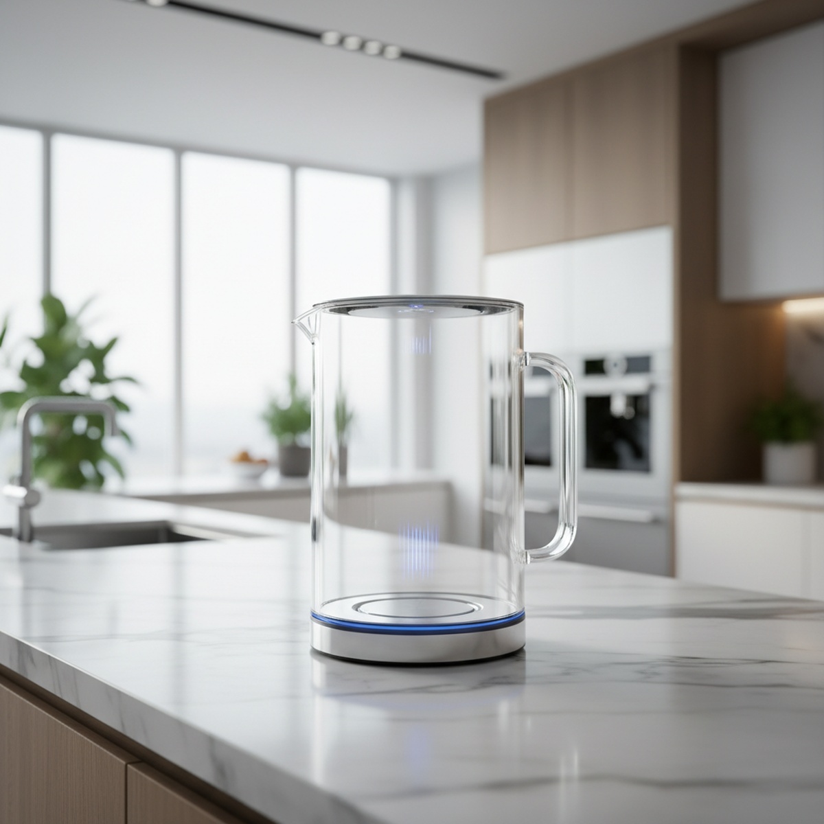 Minimalist glass kettle on marble countertop in a bright, modern kitchen.