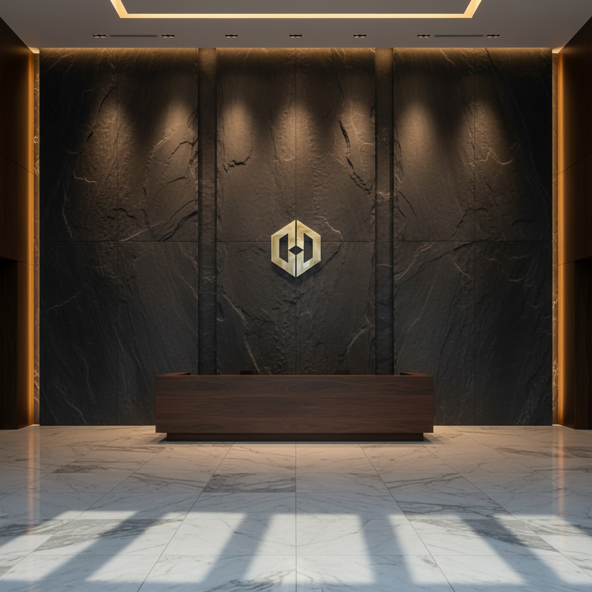 Monolithic carbon slate wall with natural texture in a modern corporate lobby.