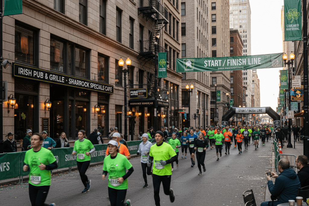 Busy urban street scene in Chicago during a major running event, showing hotels, restaurants, and runners under natural light