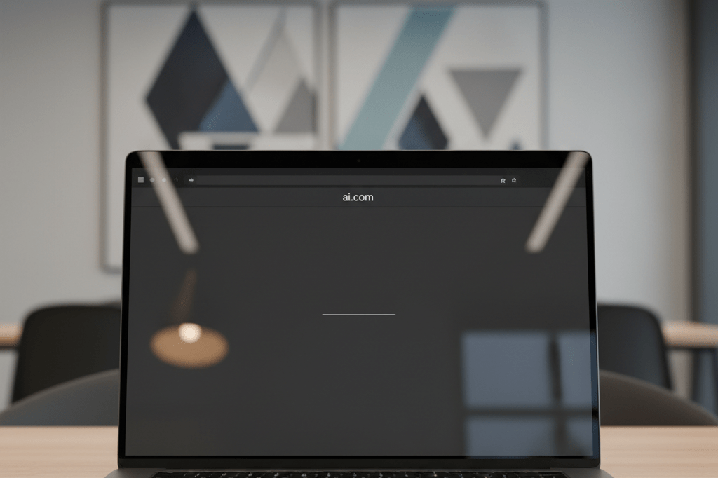 Photorealistic medium shot of a laptop displaying the ai.com domain in a clean browser interface under natural office lighting