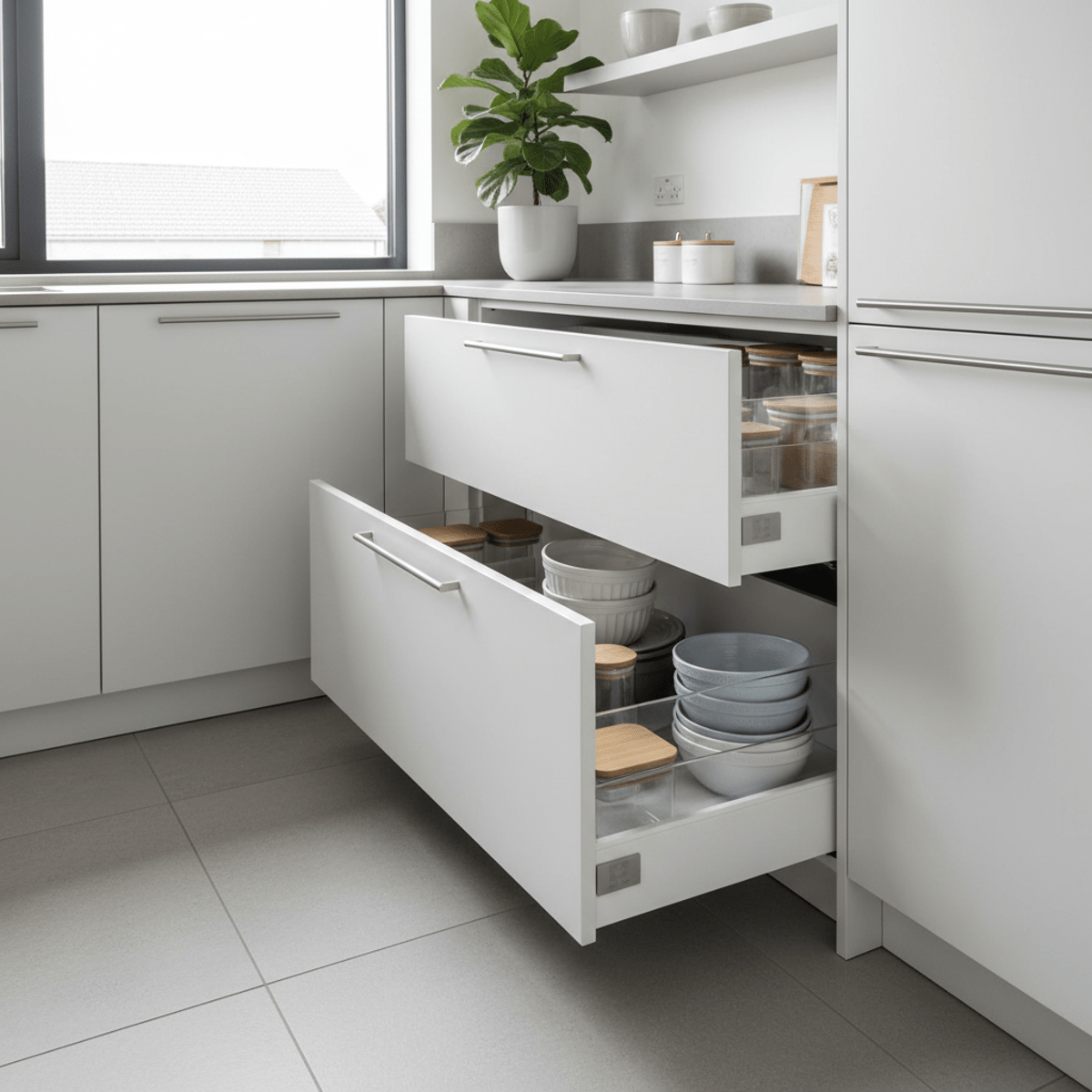 Sleek matte white wood L-shaped corner drawers fully extended, revealing organized kitchen storage.