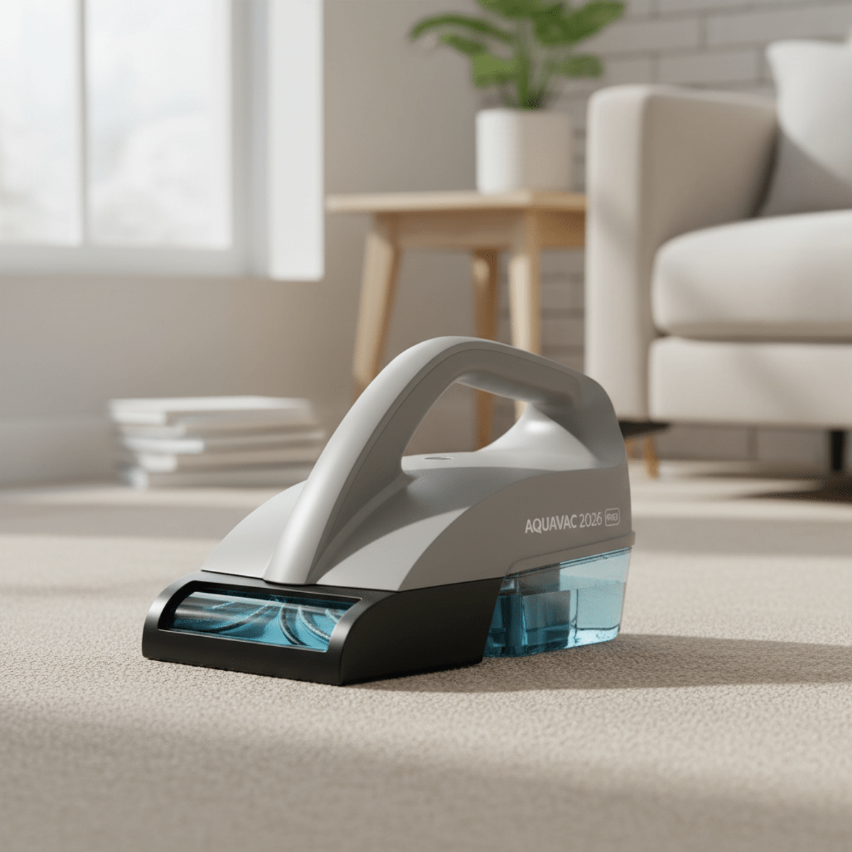 Compact carpet cleaner on clean beige carpet Compact handheld carpet cleaner on a freshly cleaned beige carpet.