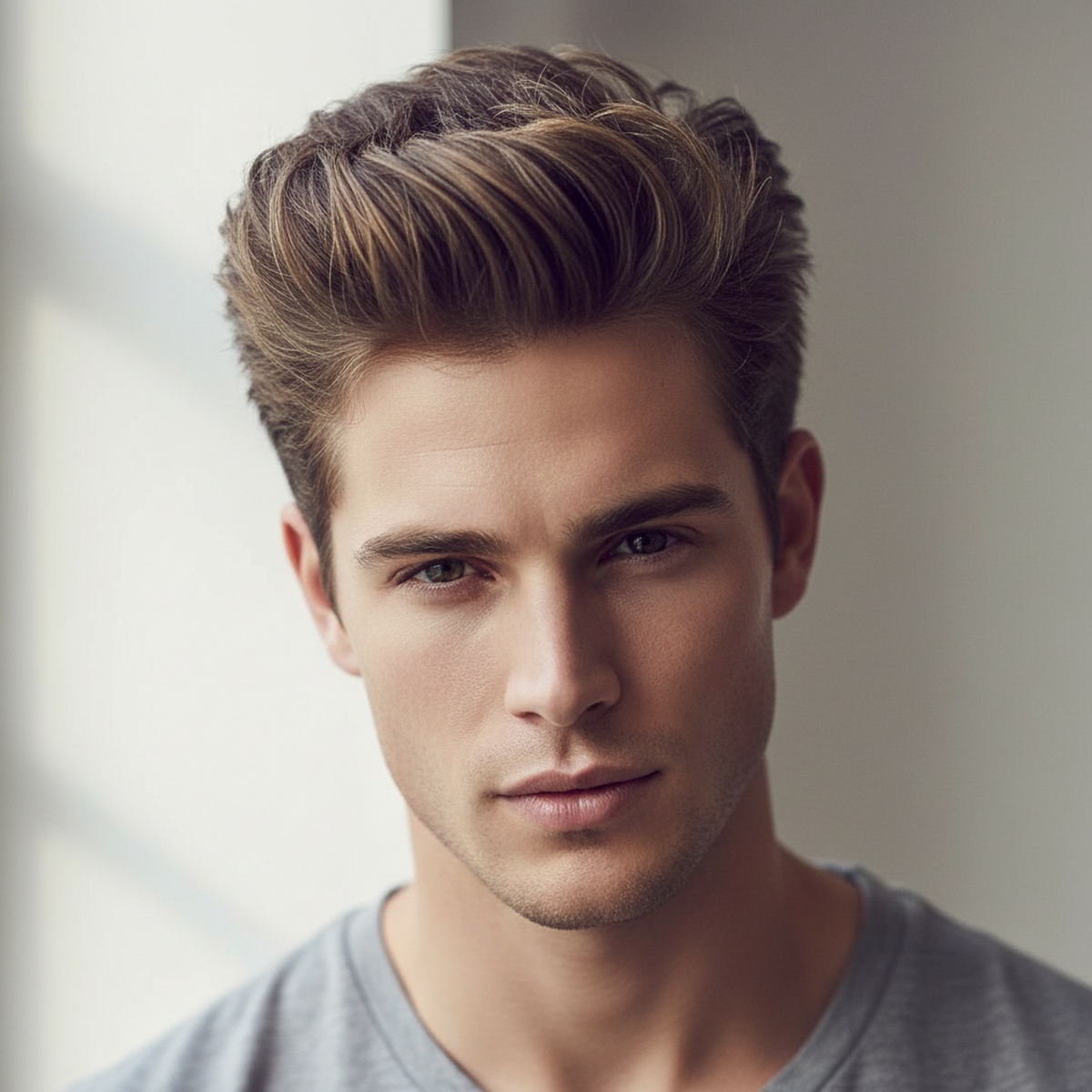 Close-up of a male model's medium-thick hair styled into a voluminous, airy quiff.