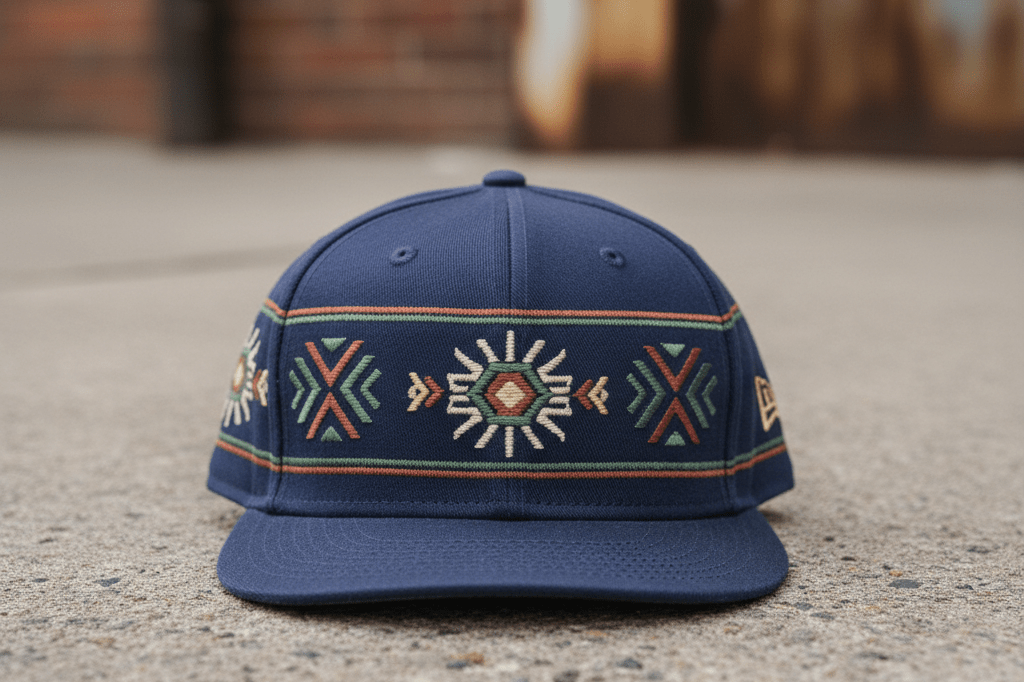 A premium limited-edition baseball cap with abstract embroidery on concrete, lit naturally, no logos or branding visible