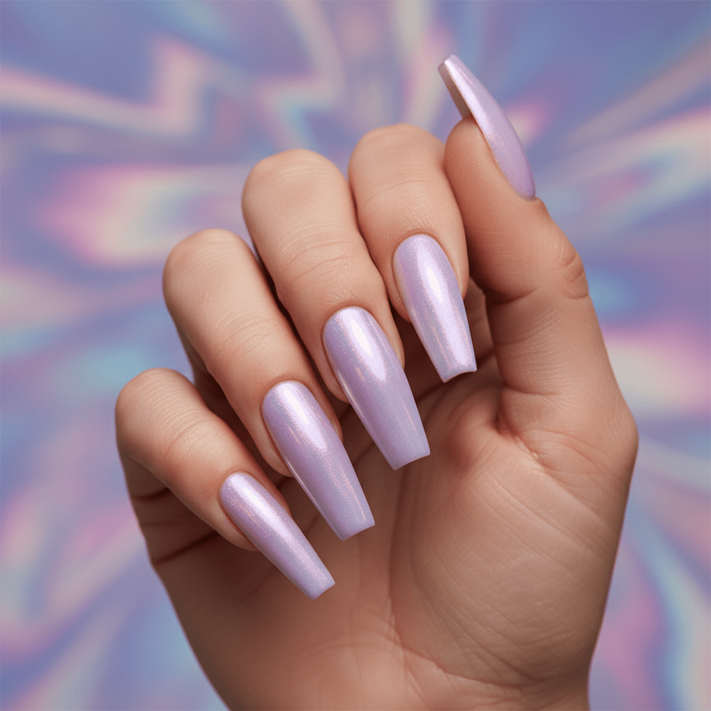 Futuristic press-on nails in milky lilac with pearlescent chrome finish.