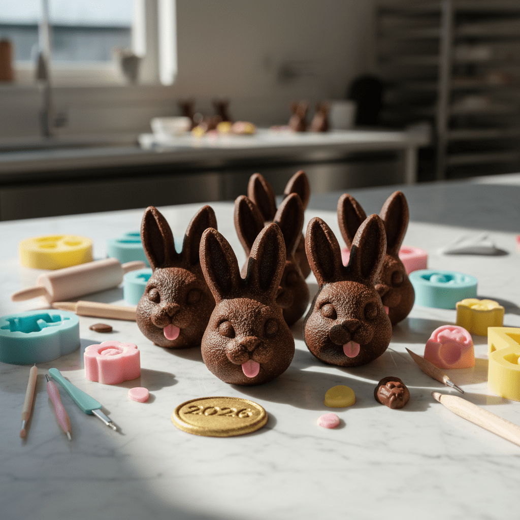Handcrafted bunny face chocolates with tiny tongue details on a marble countertop.