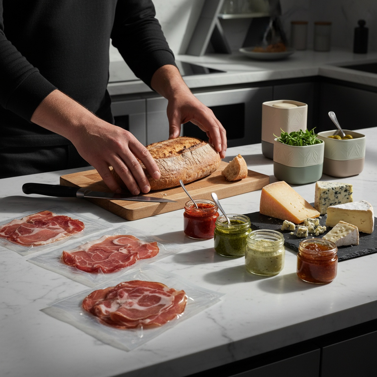 Hands selecting premium sandwich ingredients on a marble counter for gourmet preparation.