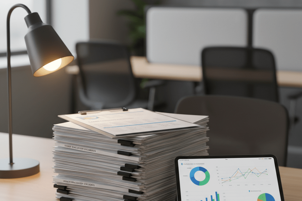 Office desk with vendor screening documents and compliance checklists under natural light