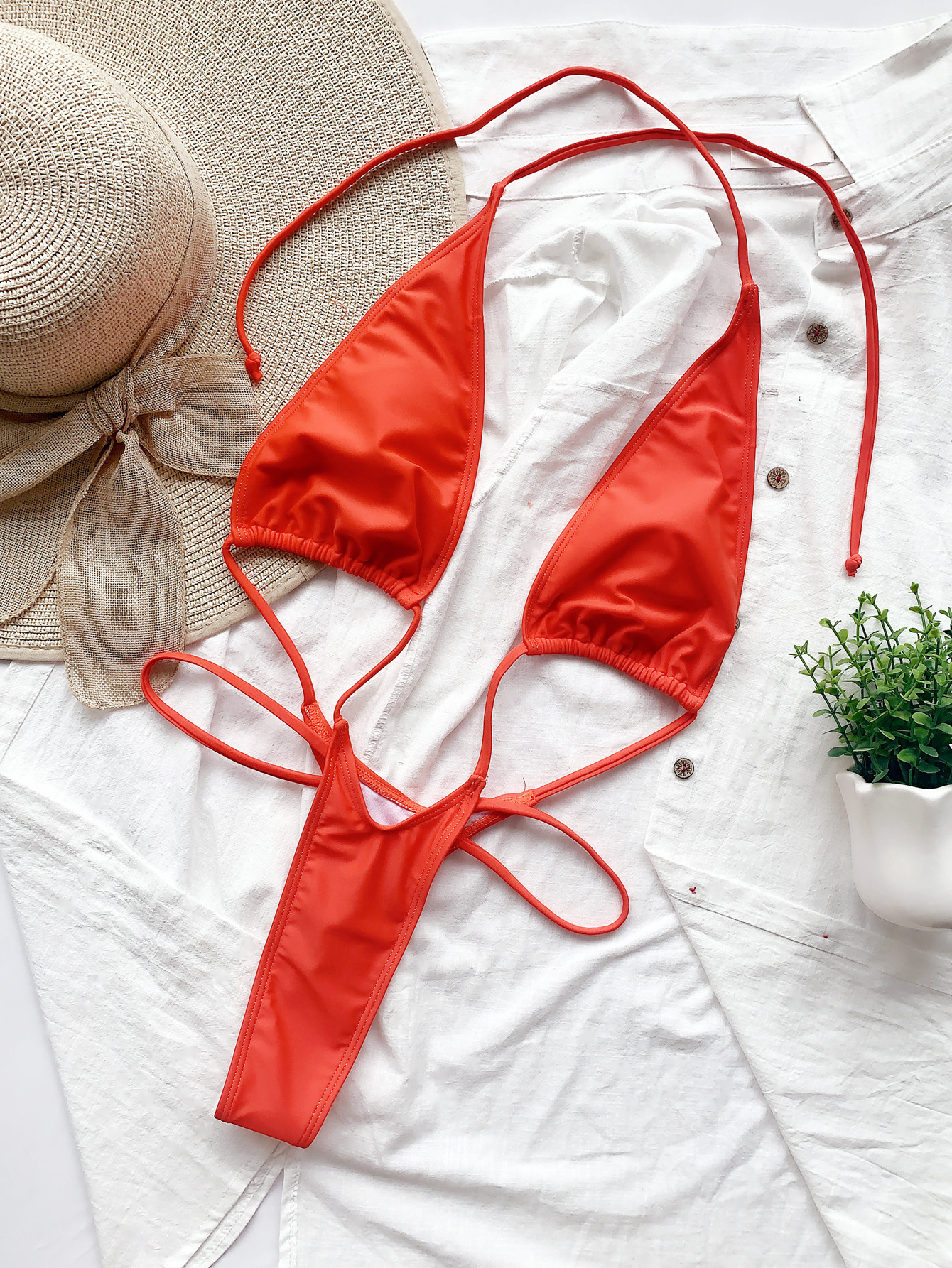 性感丁妇裤比基尼镂空沙拉布无背带交叉一件套装泳衣女士泳装女加垫