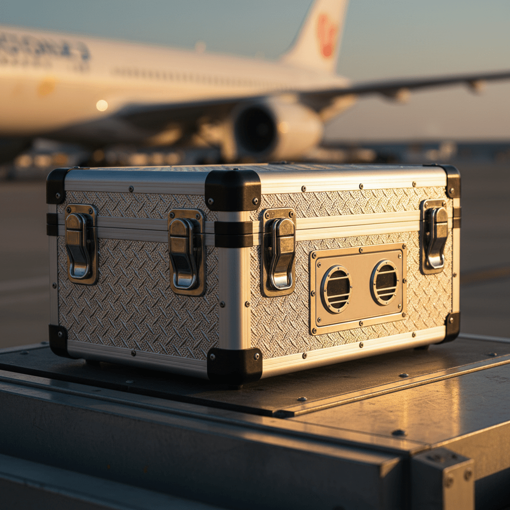 Rugged diamond plate aluminum drone case with humidity control on an aviation dock.