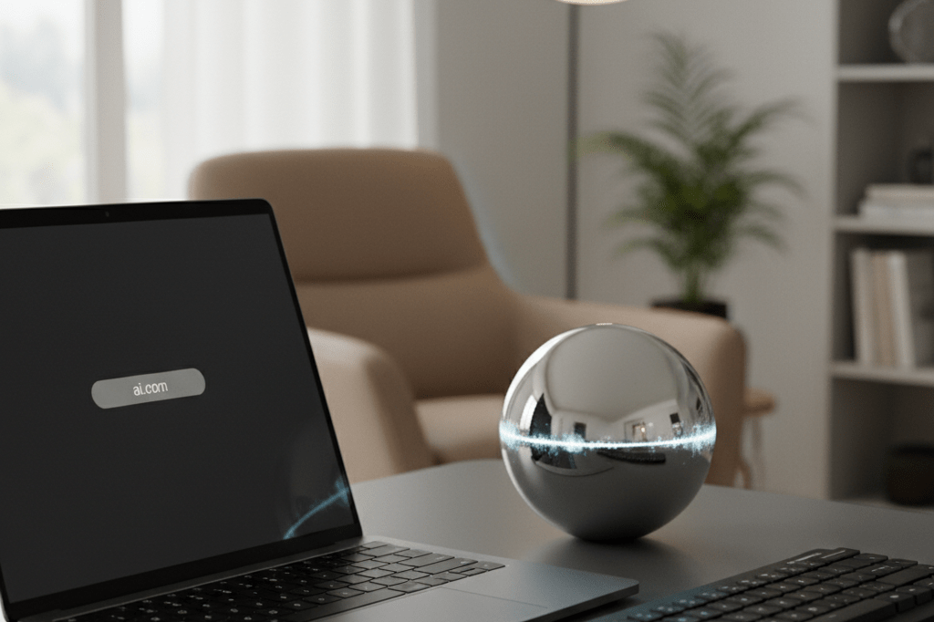 Photorealistic medium shot of a modern desk with laptop, keyboard, and luminous orb sculpture, symbolizing AI domain launch anticipation
