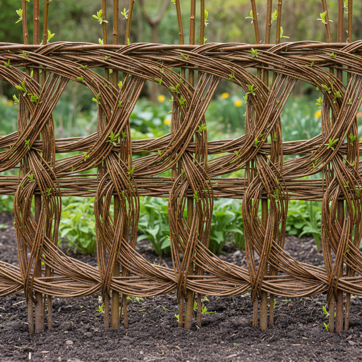 DIY living willow fence with intricate lattice, showing early spring growth.
