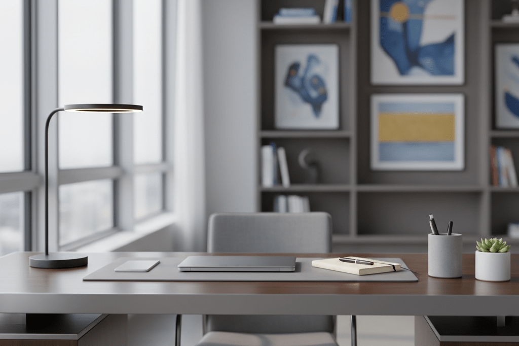 Sleek desk with laptop, notebook, and plant under natural light, symbolizing transferable skills and career pivots