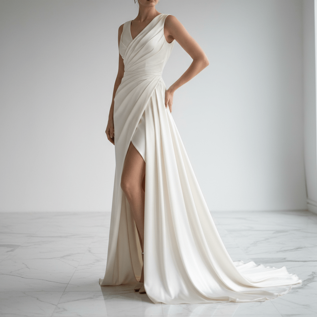 Avant-garde wedding dress with asymmetrical waterfall drape and sculptural silhouette on marble floor.