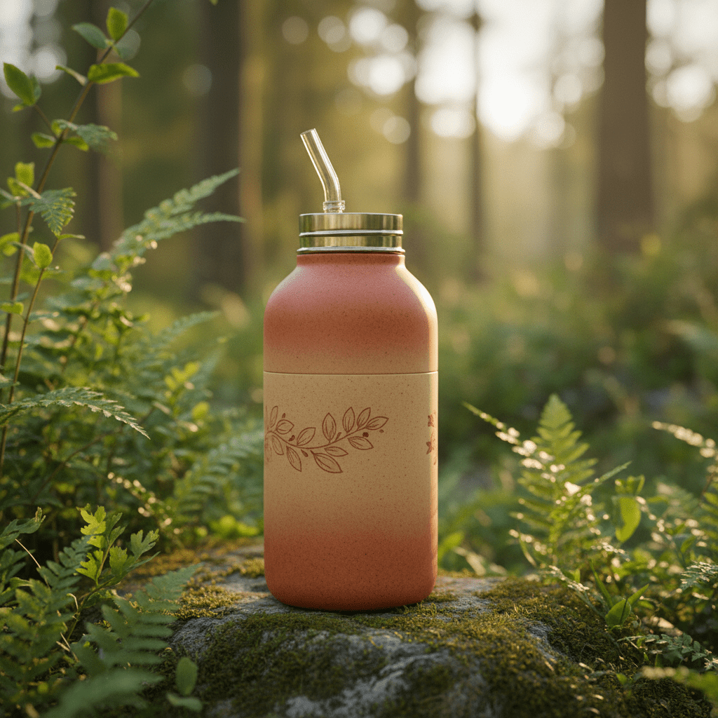 Sustainable bamboo fiber and recycled coffee grounds water bottle with engraved leafy motif.