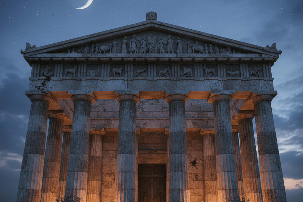 Wide-angle view of an ancient Greek-style temple facade lit by soft twilight and lantern glow, emphasizing mythological storytelling