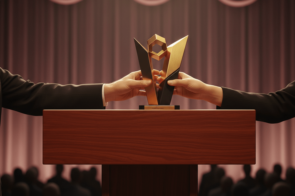 Medium shot of hands exchanging a sleek abstract trophy on a wooden podium under stage lights in an auditorium setting
