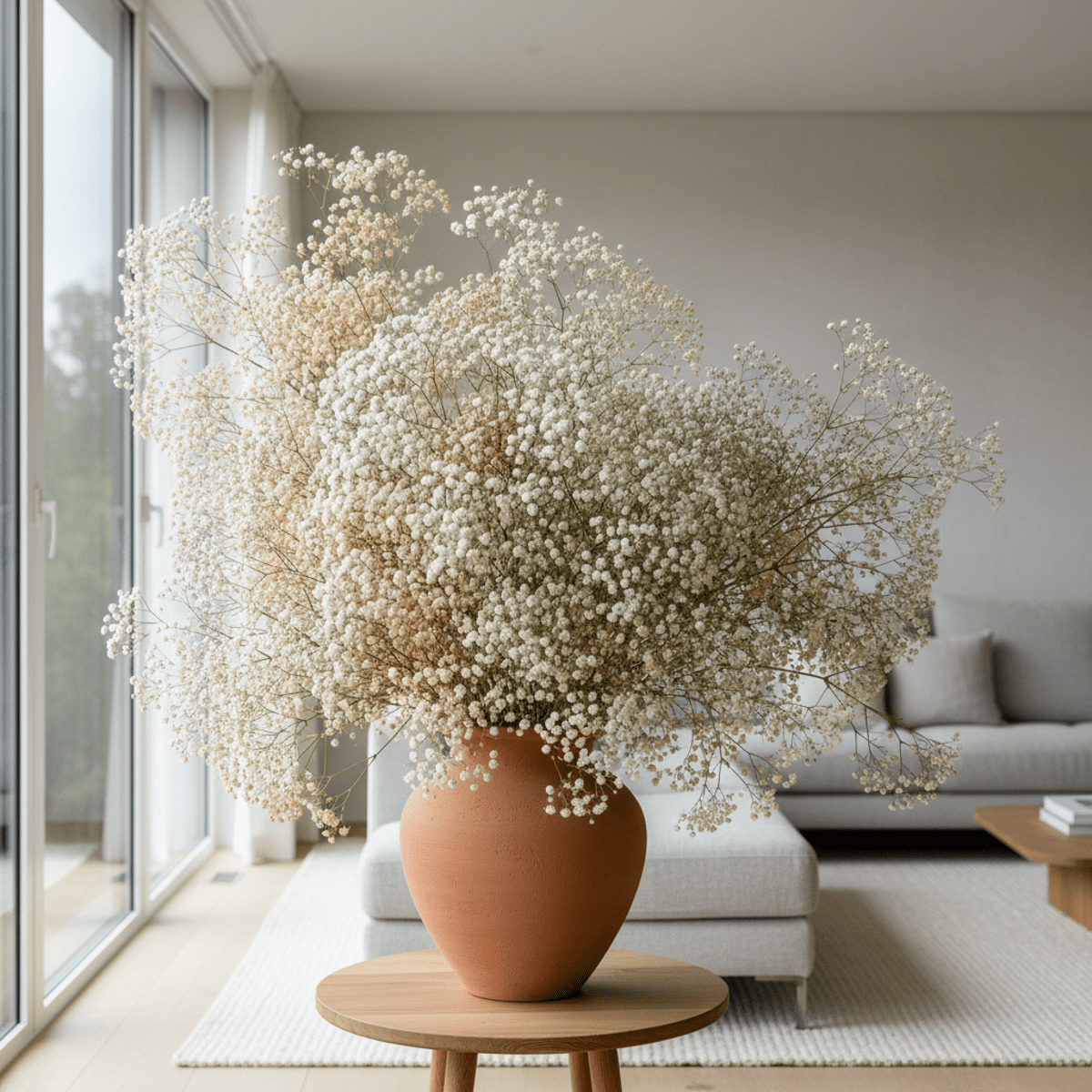 Cloud-like Baby's Breath installation in a minimalist living room corner.