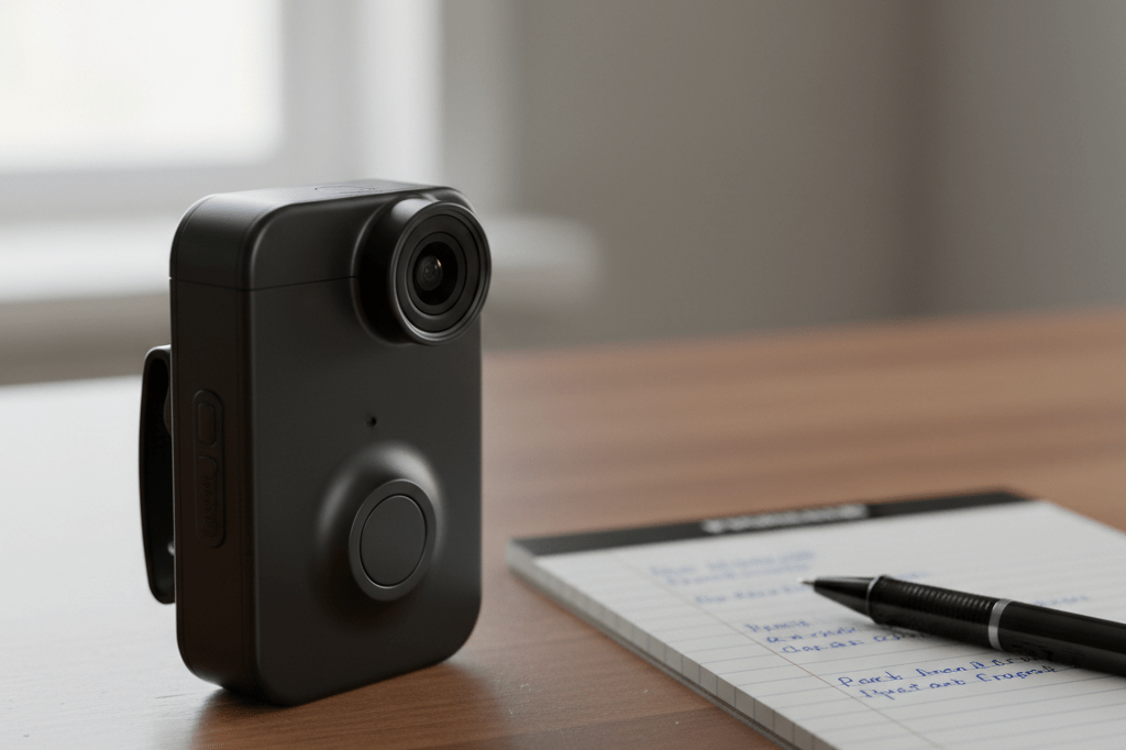 Photorealistic image of a police body cam on a table under natural light, representing modern accountability and privacy concerns