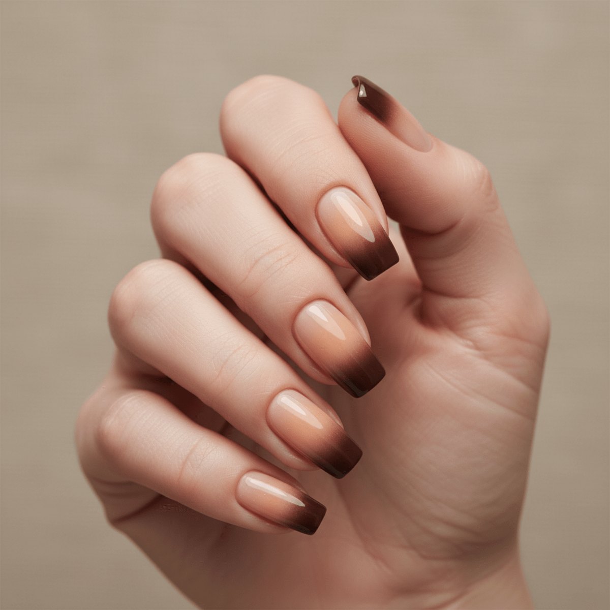 Close-up of woman's hand with mocha mousse ombré nails, smooth gradient, glossy finish.