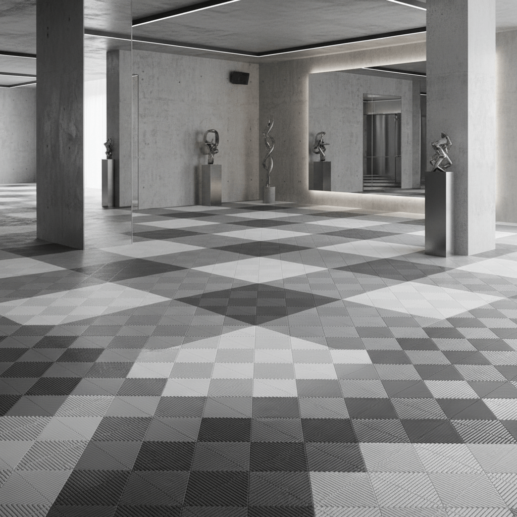 Symmetrical monochrome court tiles in a sleek, modern high-end fitness studio.