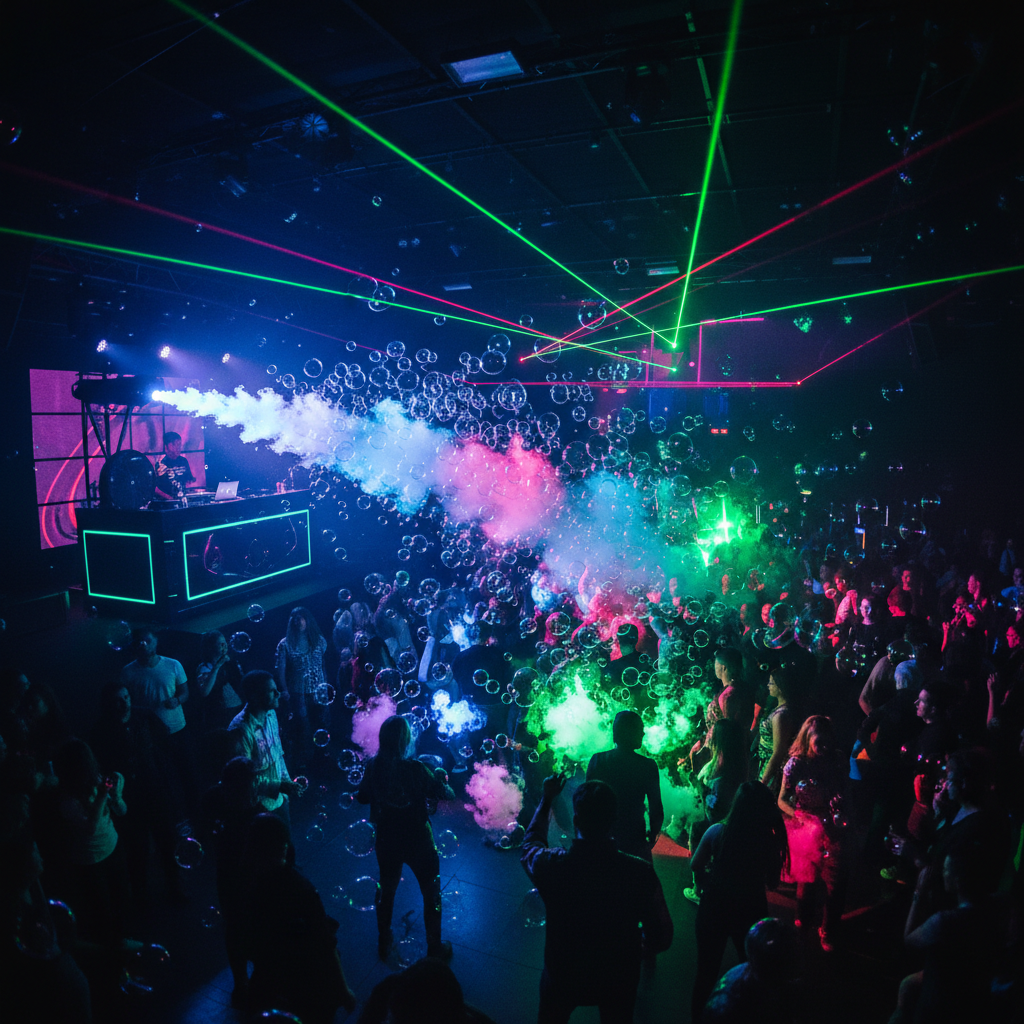 Futuristic nightclub with UV-reactive fog bubbles and neon orbs under blacklight.