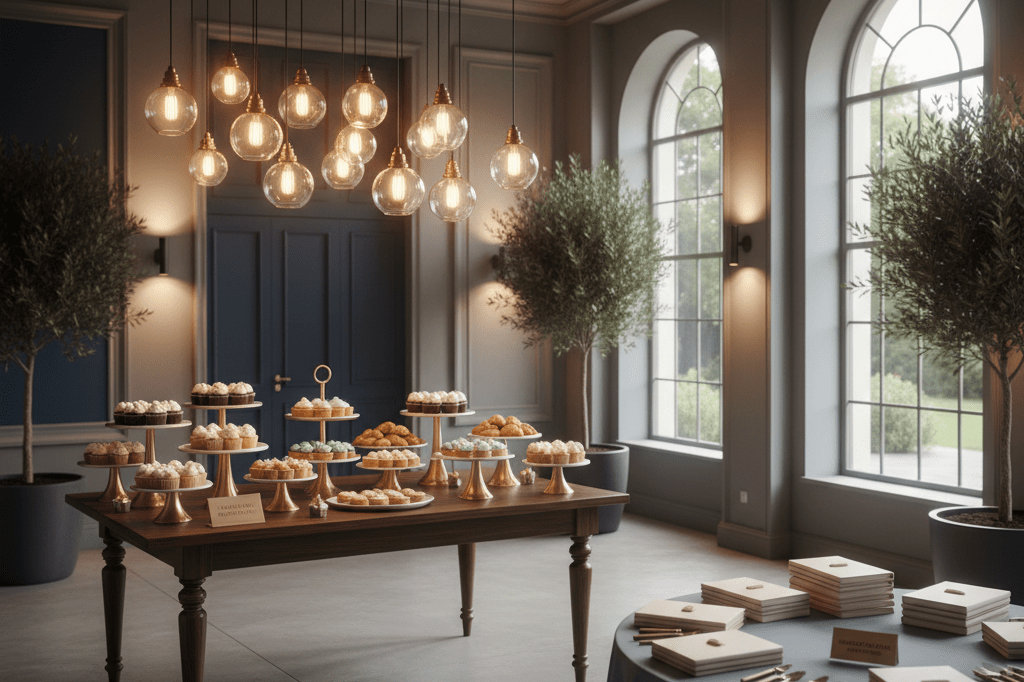 Stylish setup for impactful business farewell events Warmly lit event space with dessert table and documentation materials, symbolizing strategic farewell planning