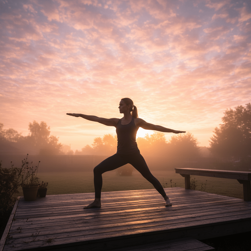 Mother in Warrior II pose on deck at sunrise, silhouette against pink and orange sky.
