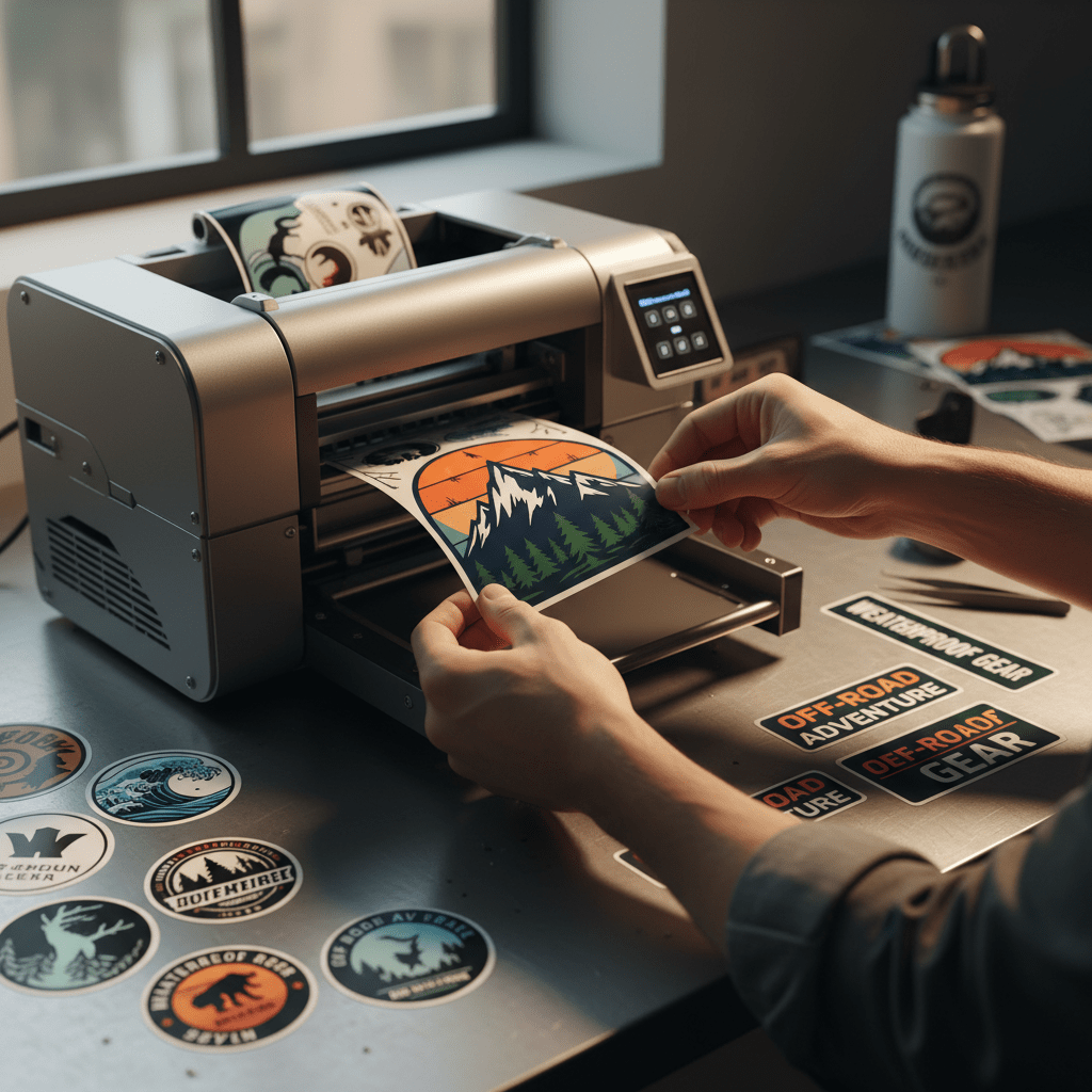 Hands peel vibrant, sunlight-resistant outdoor equipment decals from a heavy-duty printer.